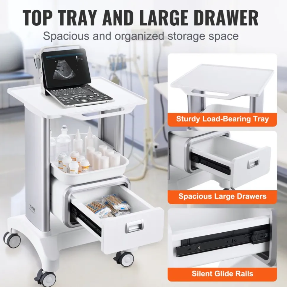 VEVOR 2 Tiers Lab Carts, Lab Utility Cart with 1 Drawer & 1 Top Tray, Mobile Medical Cart with ABS Material, Lab Rolling Cart with 4 Silent Wheels for Lab, Clinic, Hospital, Salon, White