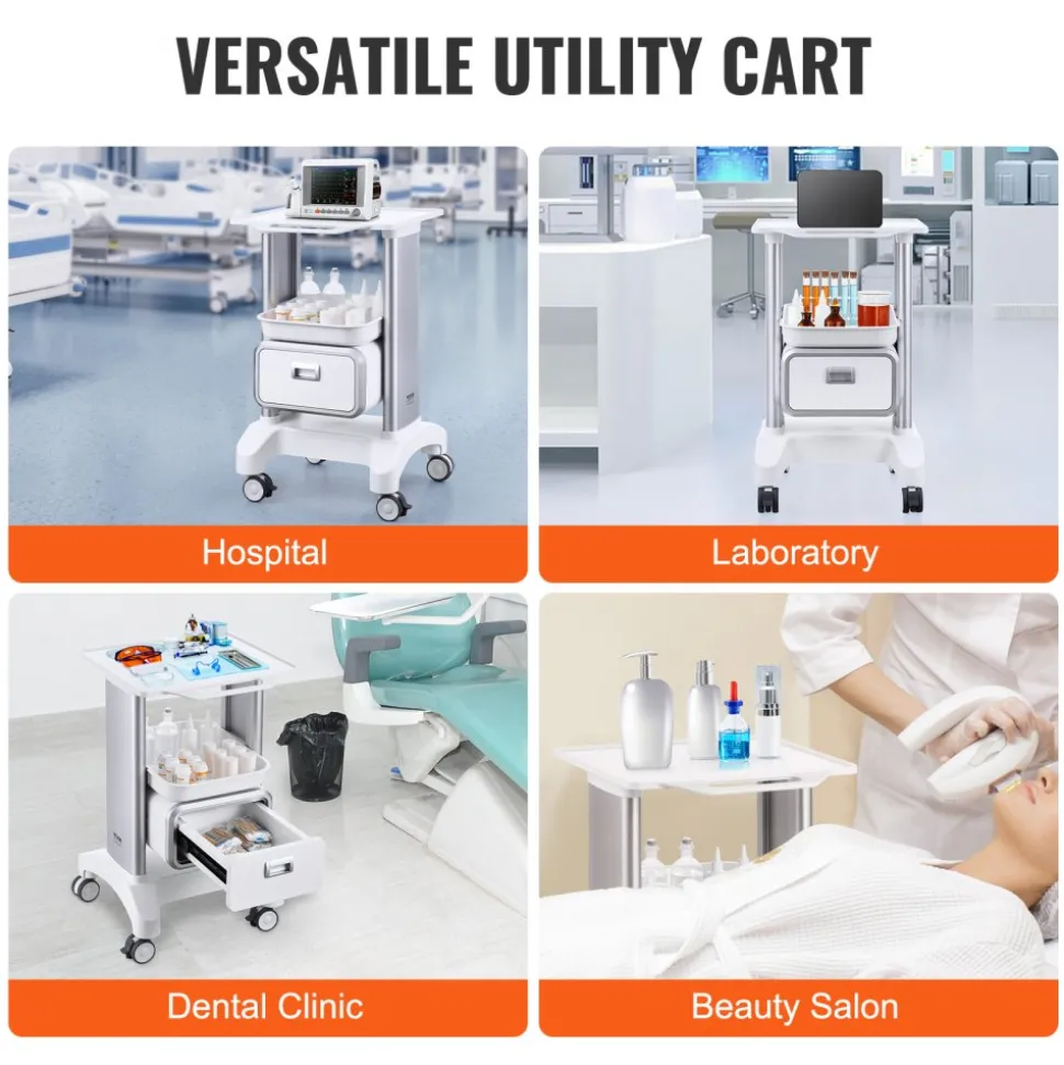 VEVOR 2 Tiers Lab Carts, Lab Utility Cart with 1 Drawer & 1 Top Tray, Mobile Medical Cart with ABS Material, Lab Rolling Cart with 4 Silent Wheels for Lab, Clinic, Hospital, Salon, White