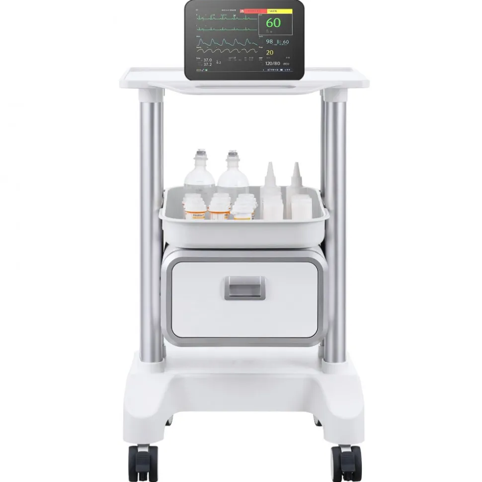 VEVOR 2 Tiers Lab Carts, Lab Utility Cart with 1 Drawer & 1 Top Tray, Mobile Medical Cart with ABS Material, Lab Rolling Cart with 4 Silent Wheels for Lab, Clinic, Hospital, Salon, White