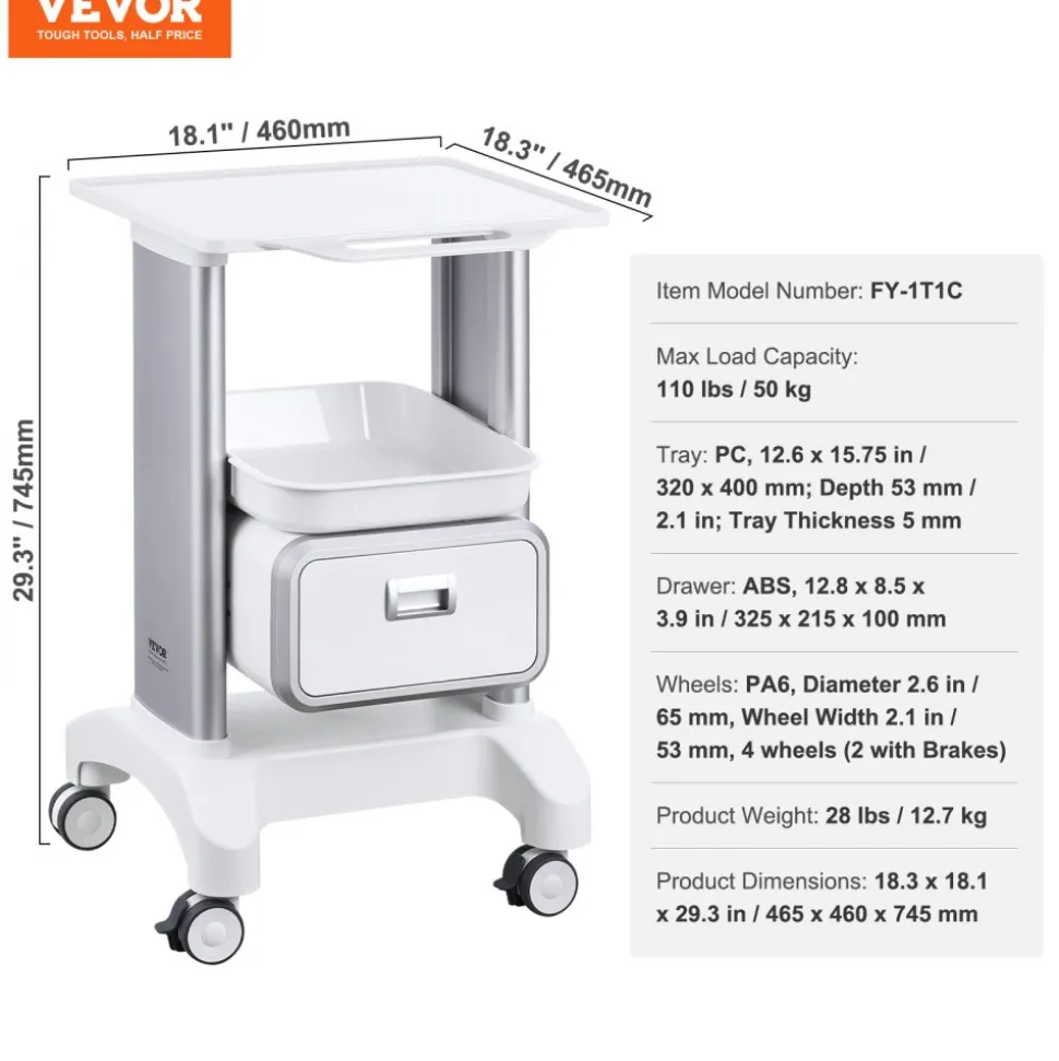 VEVOR 2 Tiers Lab Carts, Lab Utility Cart with 1 Drawer & 1 Top Tray, Mobile Medical Cart with ABS Material, Lab Rolling Cart with 4 Silent Wheels for Lab, Clinic, Hospital, Salon, White