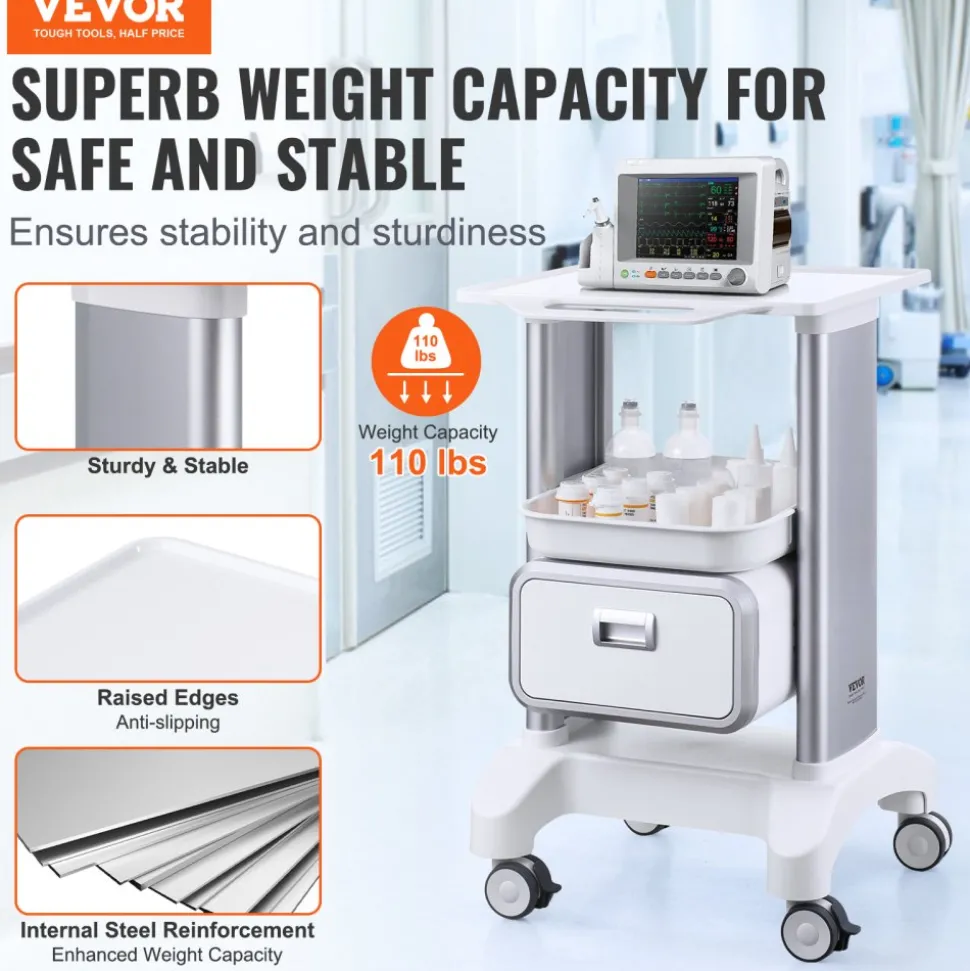 VEVOR 2 Tiers Lab Carts, Lab Utility Cart with 1 Drawer & 1 Top Tray, Mobile Medical Cart with ABS Material, Lab Rolling Cart with 4 Silent Wheels for Lab, Clinic, Hospital, Salon, White