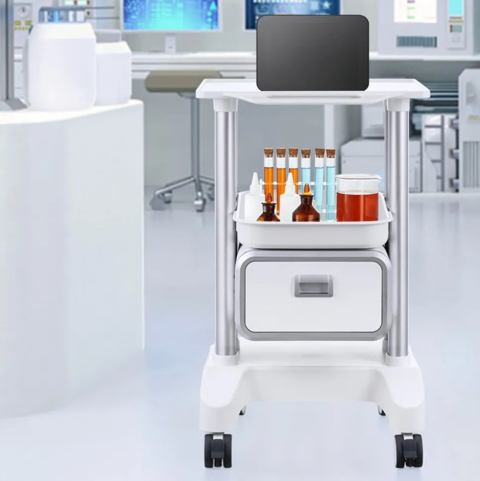 VEVOR 2 Tiers Lab Carts, Lab Utility Cart with 1 Drawer & 1 Top Tray, Mobile Medical Cart with ABS Material, Lab Rolling Cart with 4 Silent Wheels for Lab, Clinic, Hospital, Salon, White