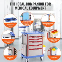 VEVOR 5 Tiers Lab Carts, Lab Utility Cart with 5 Drawers & 4 Silent Wheels, Mobile Medical Cart with PP Material, Lab Rolling Cart with 2 Trash Cans for Lab, Clinic, Hospital, Salon, Blue