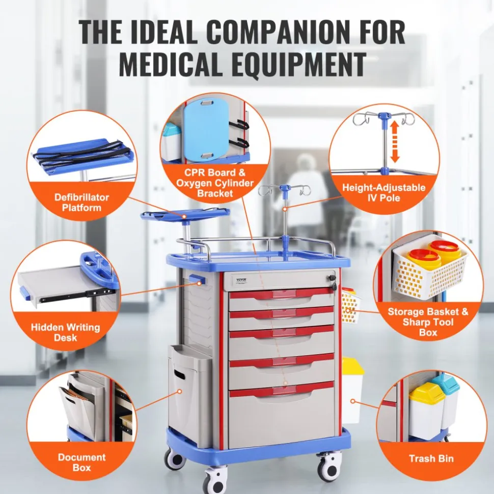VEVOR 5 Tiers Lab Carts, Lab Utility Cart with 5 Drawers & 4 Silent Wheels, Mobile Medical Cart with PP Material, Lab Rolling Cart with 2 Trash Cans for Lab, Clinic, Hospital, Salon, Blue