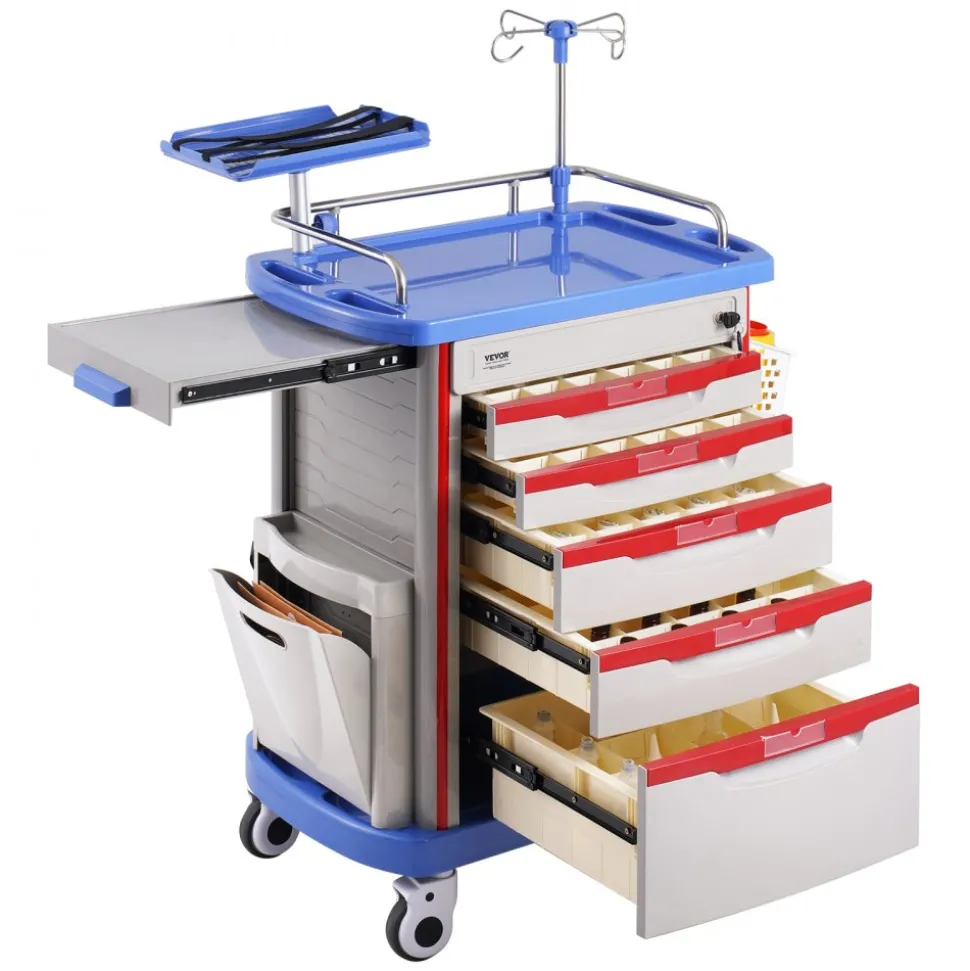 VEVOR 5 Tiers Lab Carts, Lab Utility Cart with 5 Drawers & 4 Silent Wheels, Mobile Medical Cart with PP Material, Lab Rolling Cart with 2 Trash Cans for Lab, Clinic, Hospital, Salon, Blue