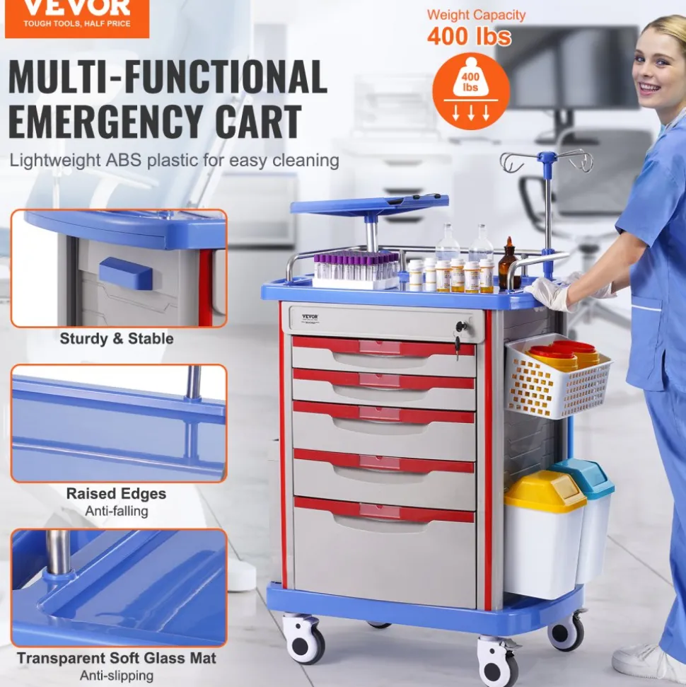 VEVOR 5 Tiers Lab Carts, Lab Utility Cart with 5 Drawers & 4 Silent Wheels, Mobile Medical Cart with PP Material, Lab Rolling Cart with 2 Trash Cans for Lab, Clinic, Hospital, Salon, Blue