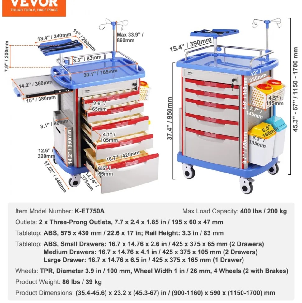 VEVOR 5 Tiers Lab Carts, Lab Utility Cart with 5 Drawers & 4 Silent Wheels, Mobile Medical Cart with PP Material, Lab Rolling Cart with 2 Trash Cans for Lab, Clinic, Hospital, Salon, Blue