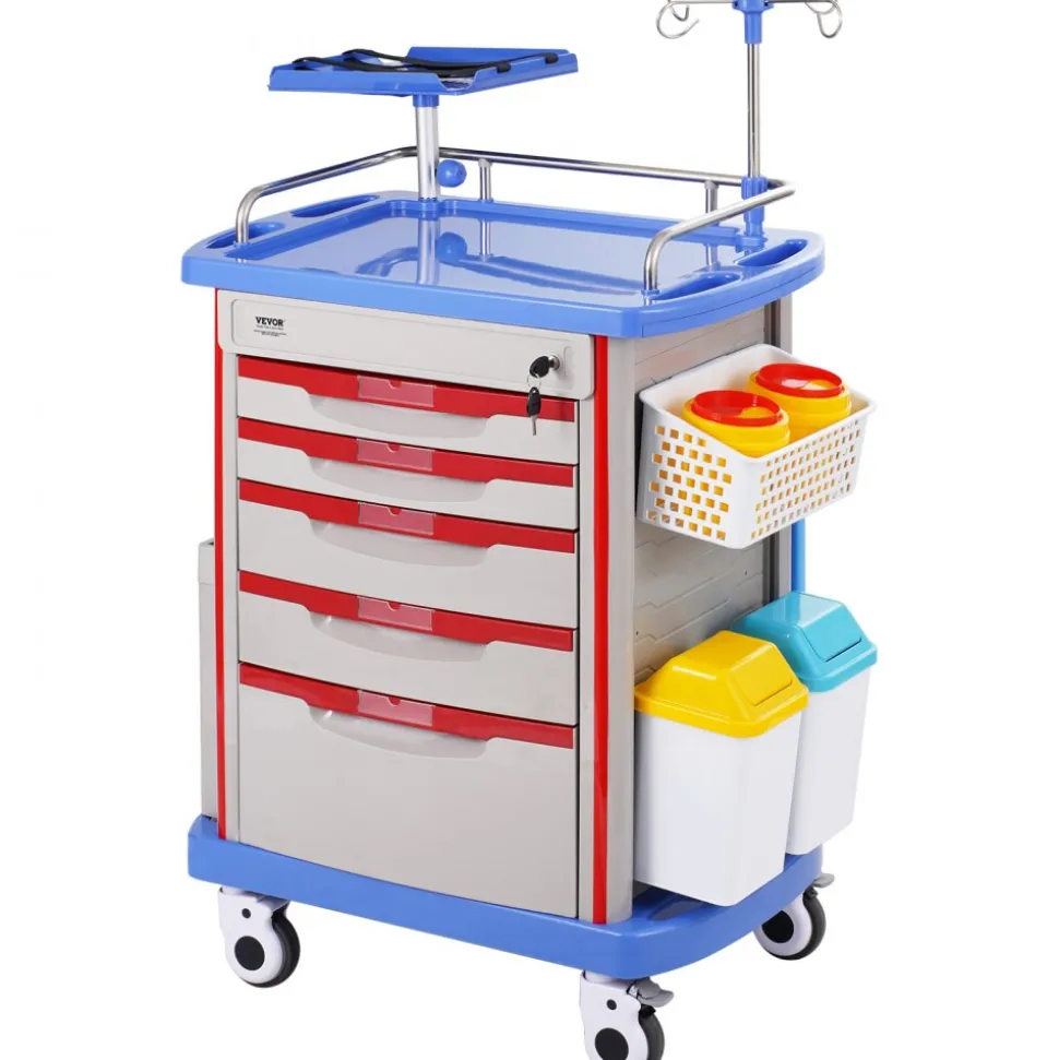 VEVOR 5 Tiers Lab Carts, Lab Utility Cart with 5 Drawers & 4 Silent Wheels, Mobile Medical Cart with PP Material, Lab Rolling Cart with 2 Trash Cans for Lab, Clinic, Hospital, Salon, Blue