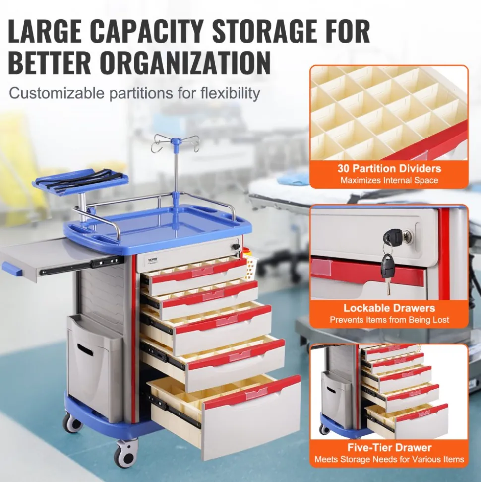 VEVOR 5 Tiers Lab Carts, Lab Utility Cart with 5 Drawers & 4 Silent Wheels, Mobile Medical Cart with PP Material, Lab Rolling Cart with 2 Trash Cans for Lab, Clinic, Hospital, Salon, Blue