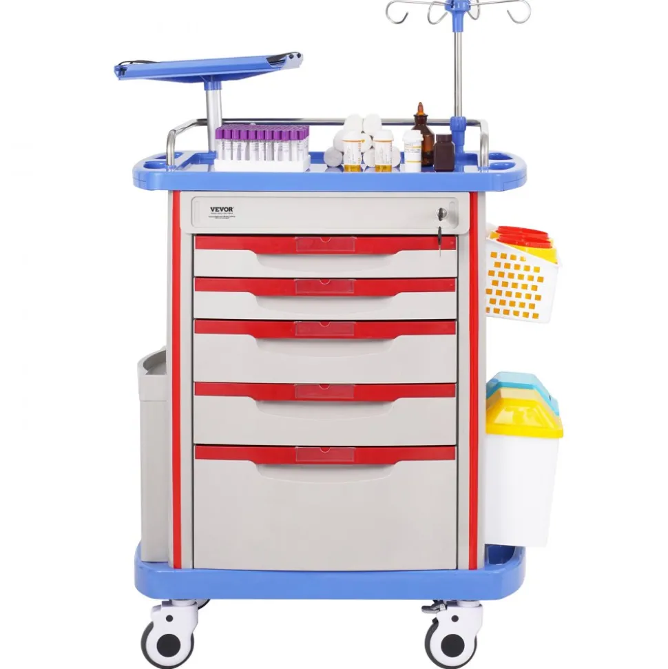 VEVOR 5 Tiers Lab Carts, Lab Utility Cart with 5 Drawers & 4 Silent Wheels, Mobile Medical Cart with PP Material, Lab Rolling Cart with 2 Trash Cans for Lab, Clinic, Hospital, Salon, Blue