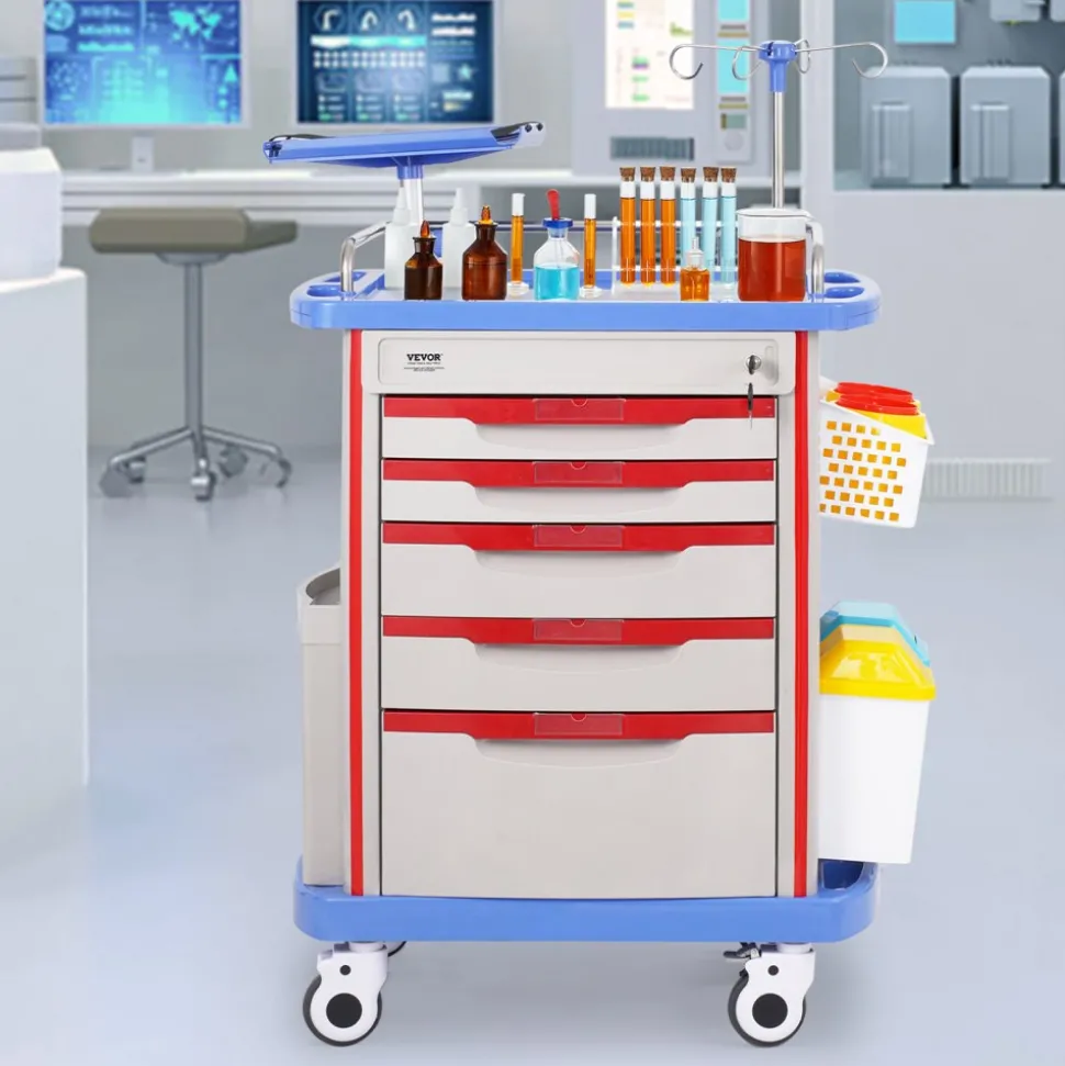 VEVOR 5 Tiers Lab Carts, Lab Utility Cart with 5 Drawers & 4 Silent Wheels, Mobile Medical Cart with PP Material, Lab Rolling Cart with 2 Trash Cans for Lab, Clinic, Hospital, Salon, Blue