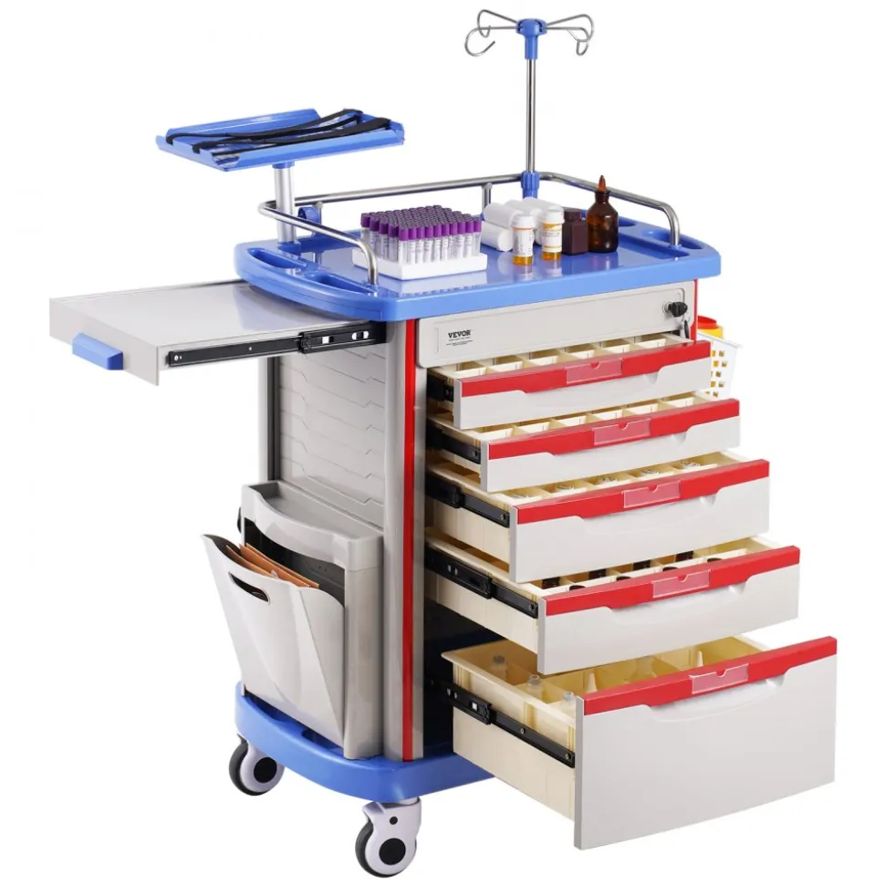 VEVOR 5 Tiers Lab Carts, Lab Utility Cart with 5 Drawers & 4 Silent Wheels, Mobile Medical Cart with PP Material, Lab Rolling Cart with 2 Trash Cans for Lab, Clinic, Hospital, Salon, Blue