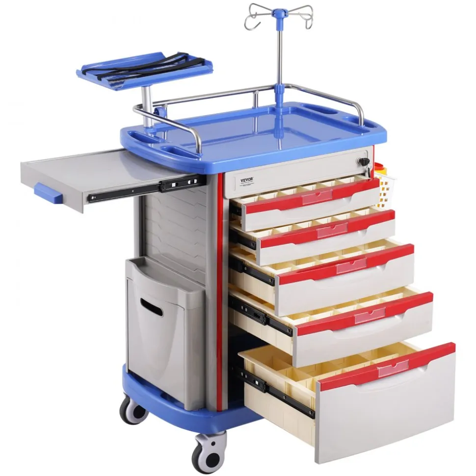 VEVOR 5 Tiers Lab Carts, Lab Utility Cart with 5 Drawers & 4 Silent Wheels, Mobile Medical Cart with PP Material, Lab Rolling Cart with 2 Trash Cans for Lab, Clinic, Hospital, Salon, Blue