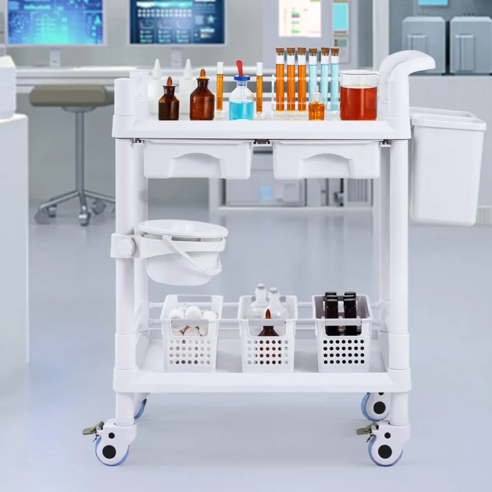VEVOR 2 Tiers Lab Carts, Lab Utility Cart with 2 Trays, 2 Drawers & 4 Silent Wheels, Mobile Medical Cart with PP Material, Lab Rolling Cart with 3 Trash Cans for Lab, Clinic, Hospital, Salon, White