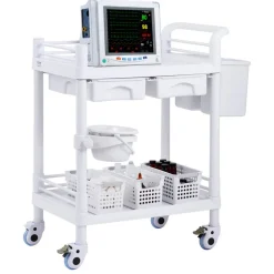 VEVOR 2 Tiers Lab Carts, Lab Utility Cart with 2 Trays, 2 Drawers & 4 Silent Wheels, Mobile Medical Cart with PP Material, Lab Rolling Cart with 3 Trash Cans for Lab, Clinic, Hospital, Salon, White