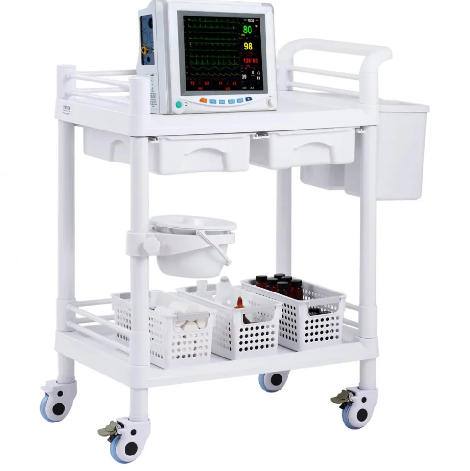 VEVOR 2 Tiers Lab Carts, Lab Utility Cart with 2 Trays, 2 Drawers & 4 Silent Wheels, Mobile Medical Cart with PP Material, Lab Rolling Cart with 3 Trash Cans for Lab, Clinic, Hospital, Salon, White