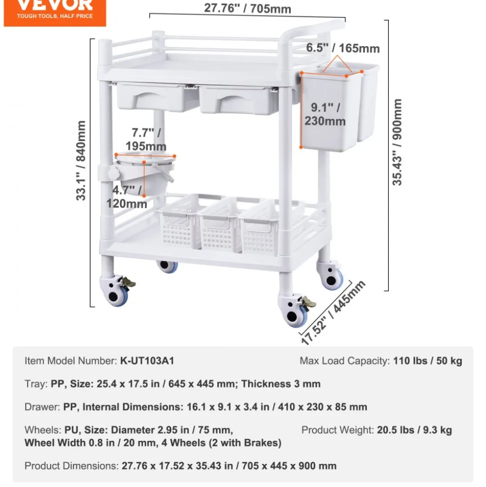 VEVOR 2 Tiers Lab Carts, Lab Utility Cart with 2 Trays, 2 Drawers & 4 Silent Wheels, Mobile Medical Cart with PP Material, Lab Rolling Cart with 3 Trash Cans for Lab, Clinic, Hospital, Salon, White