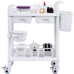 VEVOR 2 Tiers Lab Carts, Lab Utility Cart with 2 Trays, 2 Drawers & 4 Silent Wheels, Mobile Medical Cart with PP Material, Lab Rolling Cart with 3 Trash Cans for Lab, Clinic, Hospital, Salon, White
