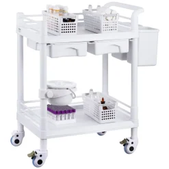 VEVOR 2 Tiers Lab Carts, Lab Utility Cart with 2 Trays, 2 Drawers & 4 Silent Wheels, Mobile Medical Cart with PP Material, Lab Rolling Cart with 3 Trash Cans for Lab, Clinic, Hospital, Salon, White