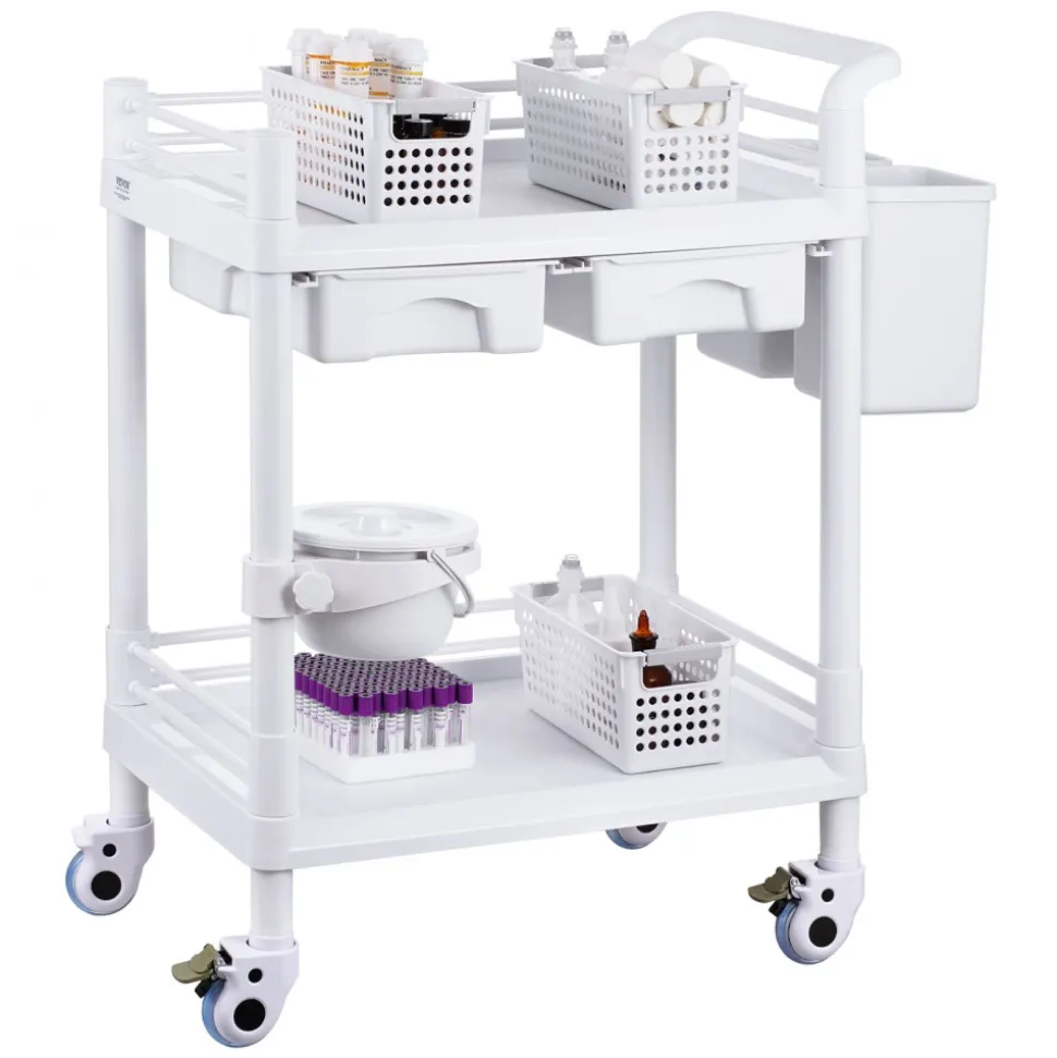 VEVOR 2 Tiers Lab Carts, Lab Utility Cart with 2 Trays, 2 Drawers & 4 Silent Wheels, Mobile Medical Cart with PP Material, Lab Rolling Cart with 3 Trash Cans for Lab, Clinic, Hospital, Salon, White