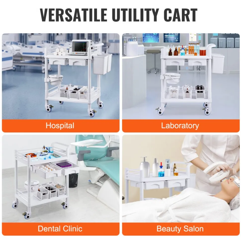 VEVOR 2 Tiers Lab Carts, Lab Utility Cart with 2 Trays, 2 Drawers & 4 Silent Wheels, Mobile Medical Cart with PP Material, Lab Rolling Cart with 3 Trash Cans for Lab, Clinic, Hospital, Salon, White