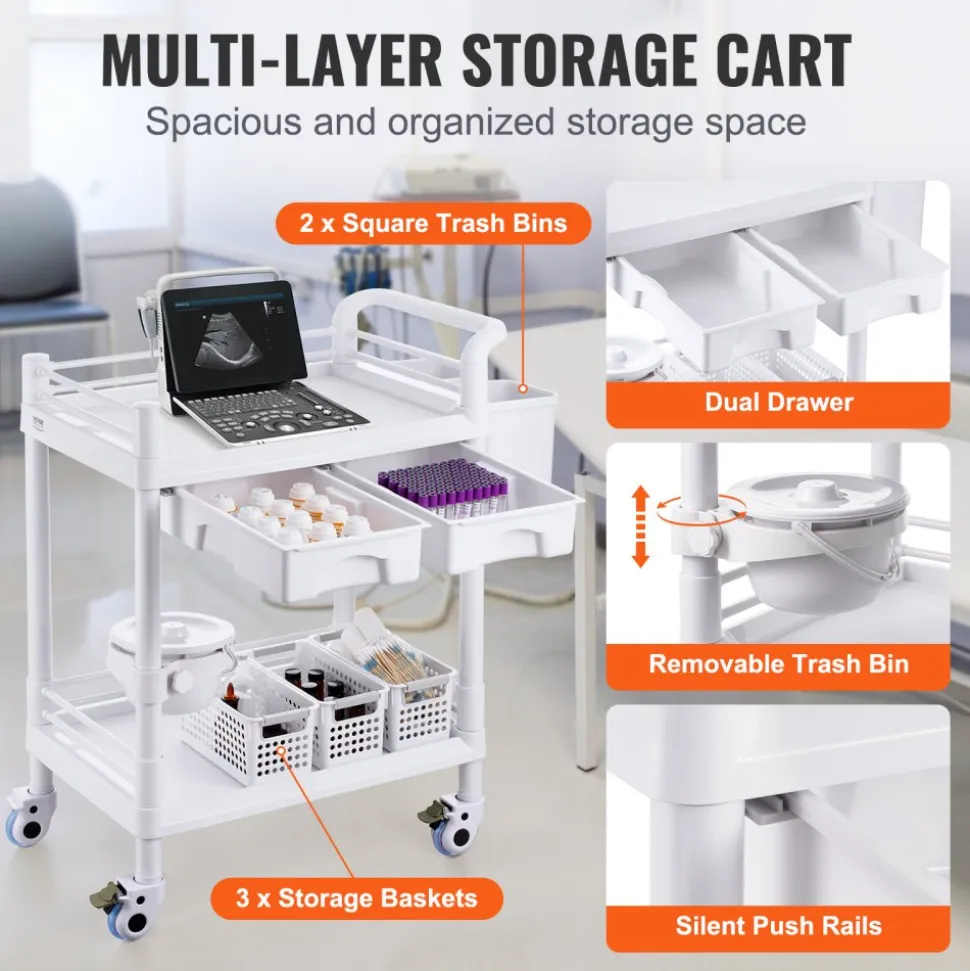 VEVOR 2 Tiers Lab Carts, Lab Utility Cart with 2 Trays, 2 Drawers & 4 Silent Wheels, Mobile Medical Cart with PP Material, Lab Rolling Cart with 3 Trash Cans for Lab, Clinic, Hospital, Salon, White