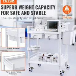VEVOR 2 Tiers Lab Carts, Lab Utility Cart with 2 Trays, 2 Drawers & 4 Silent Wheels, Mobile Medical Cart with PP Material, Lab Rolling Cart with 3 Trash Cans for Lab, Clinic, Hospital, Salon, White