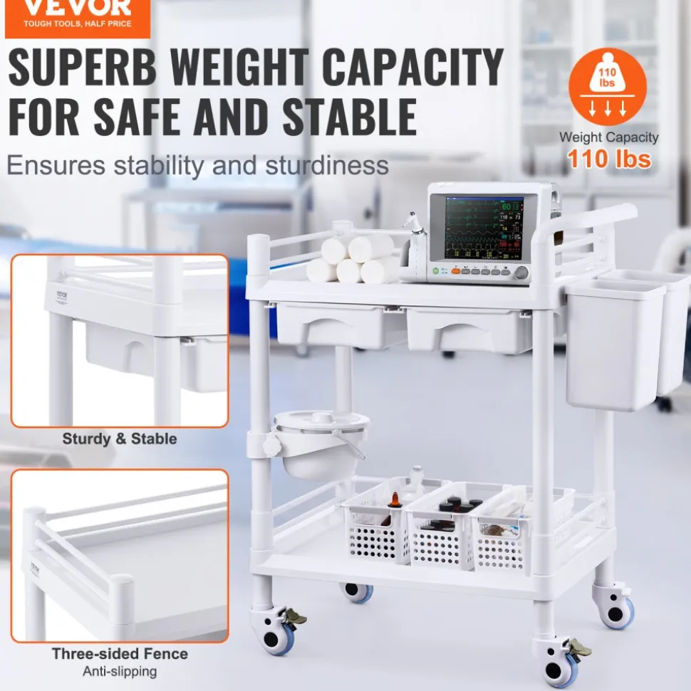 VEVOR 2 Tiers Lab Carts, Lab Utility Cart with 2 Trays, 2 Drawers & 4 Silent Wheels, Mobile Medical Cart with PP Material, Lab Rolling Cart with 3 Trash Cans for Lab, Clinic, Hospital, Salon, White