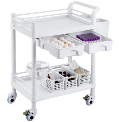 VEVOR 2 Tiers Lab Carts, Lab Utility Cart with 2 Trays, 2 Drawers & 4 Silent Wheels, Mobile Medical Cart with PP Material, Lab Rolling Cart with 3 Trash Cans for Lab, Clinic, Hospital, Salon, White