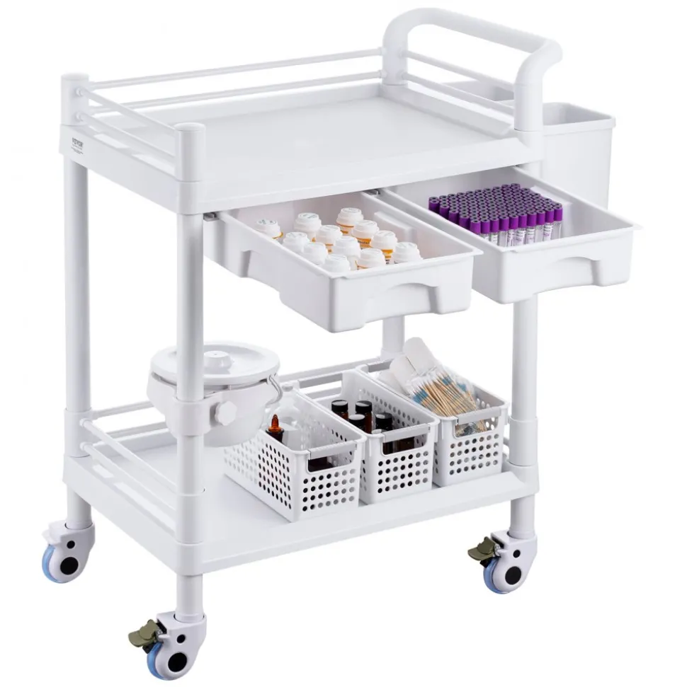VEVOR 2 Tiers Lab Carts, Lab Utility Cart with 2 Trays, 2 Drawers & 4 Silent Wheels, Mobile Medical Cart with PP Material, Lab Rolling Cart with 3 Trash Cans for Lab, Clinic, Hospital, Salon, White