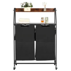 VEVOR 2 Tiers Laundry Sorter, Tall Laundry Hamper with Metal Frame and Wooden Tabletop, 2 Section Rolling Basket Organizer Storage with Ladder Shelves and 600D Oxford Cloth Bags for Dirty Clothes