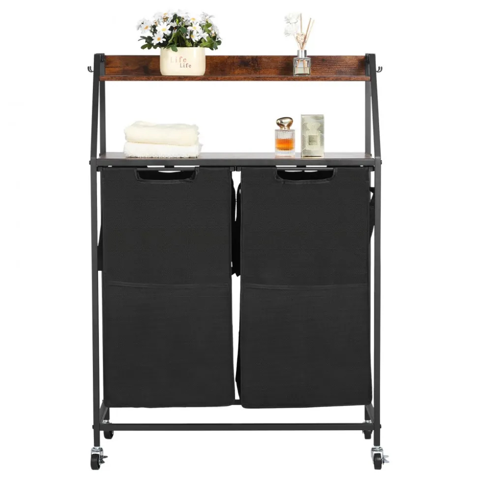 VEVOR 2 Tiers Laundry Sorter, Tall Laundry Hamper with Metal Frame and Wooden Tabletop, 2 Section Rolling Basket Organizer Storage with Ladder Shelves and 600D Oxford Cloth Bags for Dirty Clothes