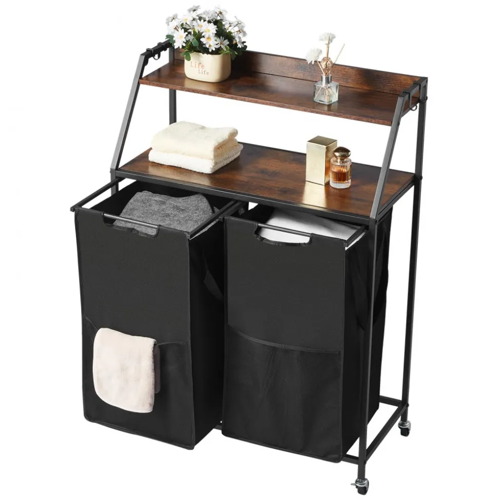 VEVOR 2 Tiers Laundry Sorter, Tall Laundry Hamper with Metal Frame and Wooden Tabletop, 2 Section Rolling Basket Organizer Storage with Ladder Shelves and 600D Oxford Cloth Bags for Dirty Clothes
