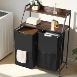 VEVOR 2 Tiers Laundry Sorter, Tall Laundry Hamper with Metal Frame and Wooden Tabletop, 2 Section Rolling Basket Organizer Storage with Ladder Shelves and 600D Oxford Cloth Bags for Dirty Clothes