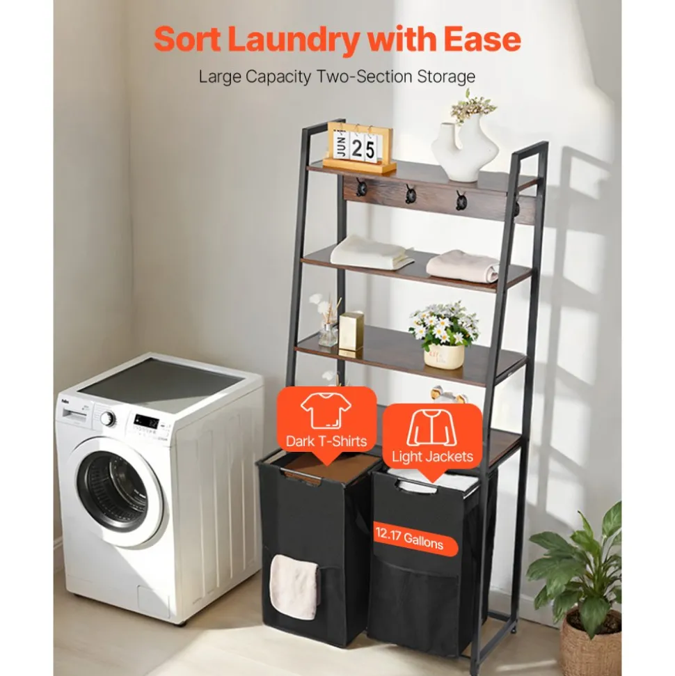 VEVOR 4 Tiers Laundry Sorter, Tall Laundry Hamper with Shelves and Hooks, 2 Section Freestanding Basket Organizer Storage with 600D Oxford Cloth Bags and Ladder Shelves for Dirty Clothes, Bathroom