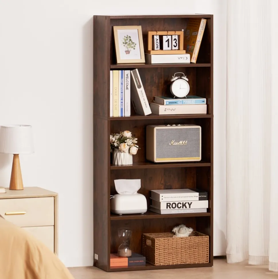 VEVOR 5 Tiers Narrow Bookshelf, 53 in Wooden Open Bookcase with Height-Adjustable Shelf, Freestanding Tall Display Storage Floor Bookcase Bookshelf for Library, Bedroom, Living Room, Office, Brown