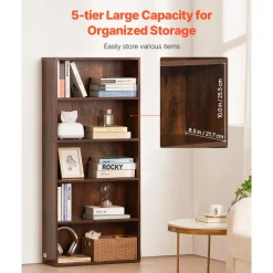 VEVOR 5 Tiers Narrow Bookshelf, 53 in Wooden Open Bookcase with Height-Adjustable Shelf, Freestanding Tall Display Storage Floor Bookcase Bookshelf for Library, Bedroom, Living Room, Office, Brown