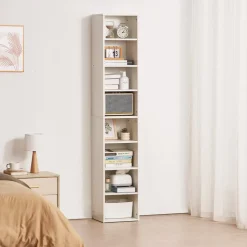 VEVOR 8 Tiers Narrow Bookshelf, 71 in Wooden Tall Open Bookcase with  Height-Adjustable Shelf, Freestanding Display Storage Floor Bookcase Bookshelf for Library, Bedroom, Living Room, Office, White