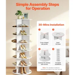 VEVOR 7 Tiers Rotating Shoe Rack Tower, 360° Spinning Shoe Rack, Revolving Storage Round Carousel Display, Freestanding Lazy Susan Organizer Display for Bedroom, Living Room, Entryway, Closet, White