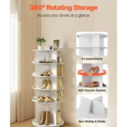 VEVOR 5 Tiers Rotating Shoe Rack Tower, 360° Spinning Shoe Rack, Revolving Storage Round Carousel Display, Freestanding Lazy Susan Organizer Display for Bedroom, Living Room, Entryway, Closet, White