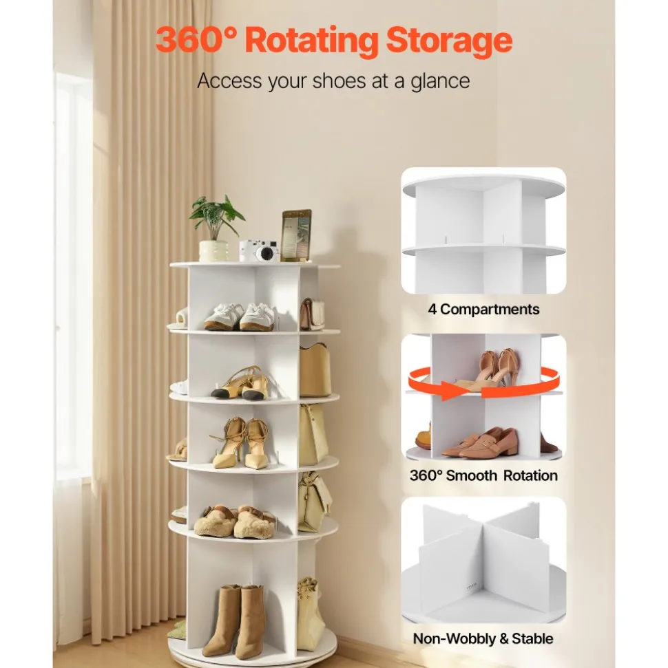 VEVOR 5 Tiers Rotating Shoe Rack Tower, 360° Spinning Shoe Rack, Revolving Storage Round Carousel Display, Freestanding Lazy Susan Organizer Display for Bedroom, Living Room, Entryway, Closet, White