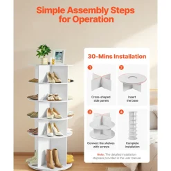 VEVOR 5 Tiers Rotating Shoe Rack Tower, 360° Spinning Shoe Rack, Revolving Storage Round Carousel Display, Freestanding Lazy Susan Organizer Display for Bedroom, Living Room, Entryway, Closet, White