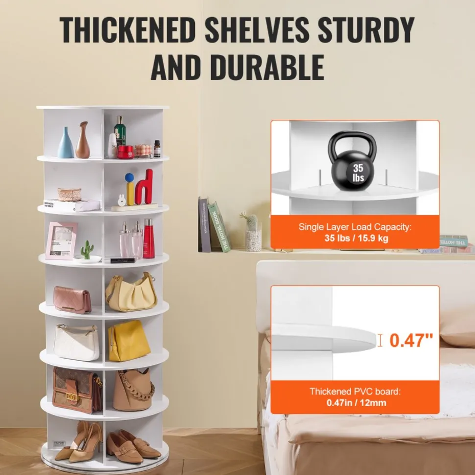 VEVOR 7 Tiers Rotating Shoe Rack Tower, 360°Spinning Shoe Display, Revolving Shoe Rack Storage Round Carousel, Lazy Susan Shoe Rack Organizer, Ideal for Bedroom, Living Room, Entryway, White