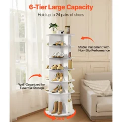 VEVOR 6 Tiers Rotating Shoe Rack Tower, 360° Spinning Shoe Rack, Revolving Storage Round Carousel Display, Freestanding Lazy Susan Organizer Display for Bedroom, Living Room, Entryway, Closet, White