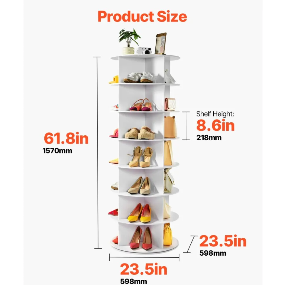 VEVOR 6 Tiers Rotating Shoe Rack Tower, 360° Spinning Shoe Rack, Revolving Storage Round Carousel Display, Freestanding Lazy Susan Organizer Display for Bedroom, Living Room, Entryway, Closet, White