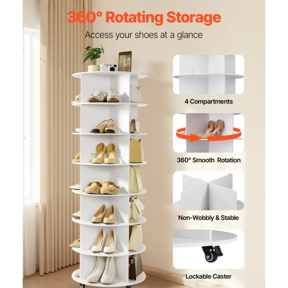 VEVOR 7 Tiers Rotating Shoe Rack Tower with Wheels, Movable 360° Spinning Carousel Display, Lazy Susan Organizer Closet Shelf for Living Room, Entryway, White