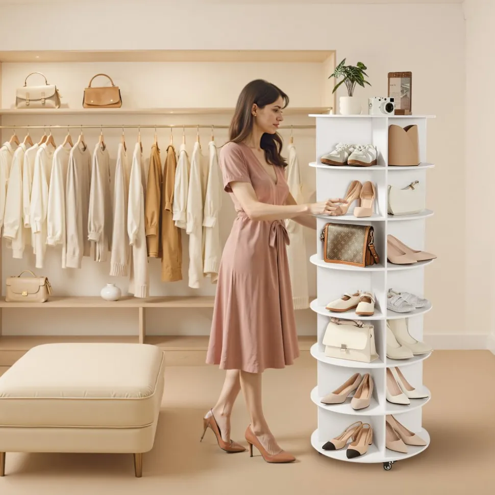 VEVOR 7 Tiers Rotating Shoe Rack Tower with Wheels, Movable 360° Spinning Carousel Display, Lazy Susan Organizer Closet Shelf for Living Room, Entryway, White