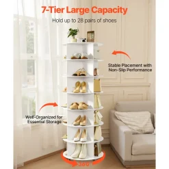 VEVOR 7 Tiers Rotating Shoe Rack Tower with Wheels, Movable 360° Spinning Carousel Display, Lazy Susan Organizer Closet Shelf for Living Room, Entryway, White