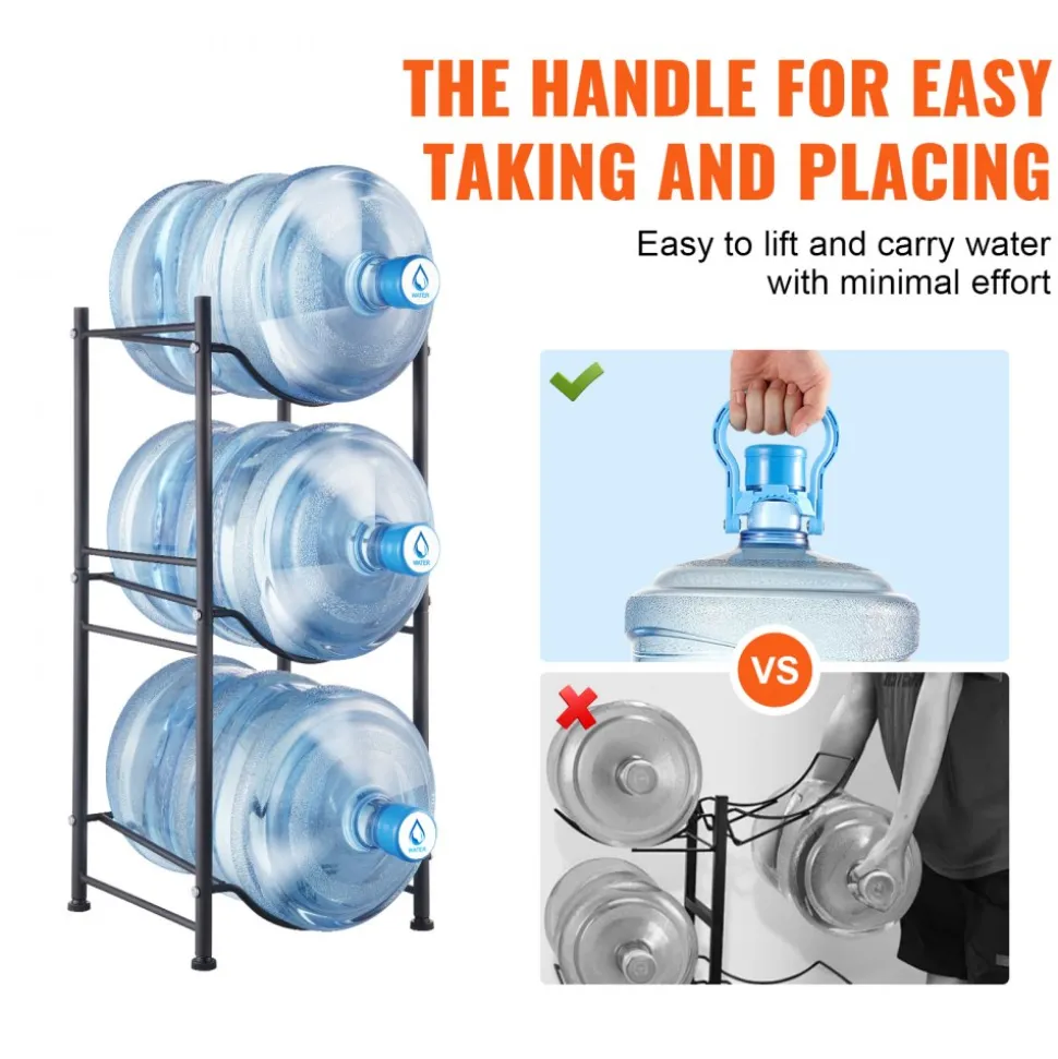 VEVOR 3 Tiers Water Jug Holder, 5 Gallon Water Bottle Holder, Single Row Water Bottle Rack for 3 Bottles, Heavy Duty Water Jug Rack for Kitchen, Office, Living Room, Black