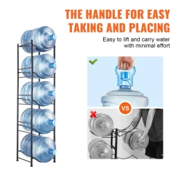 VEVOR 5 Tiers Water Jug Holder, 5 Gallon Water Bottle Holder, Single Row Water Bottle Rack for 5 Bottles, Heavy Duty Water Jug Rack for Kitchen, Office, Living Room, Black
